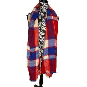 Merona Plaid Blanket Scarf Red Blue White Fringe Oversized Wrap Shawl Cozy